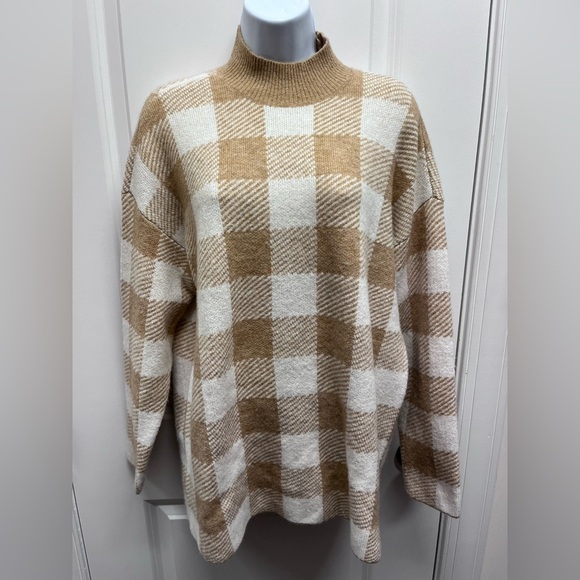 Loft Plaid Tan and White Women's Sweater L - Picture 1 of 8